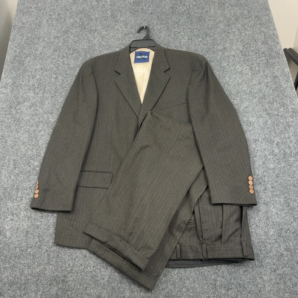 Nautica Suit Mens 44R 38W Brown Wool Pinstripe Two Piece Business Classic
